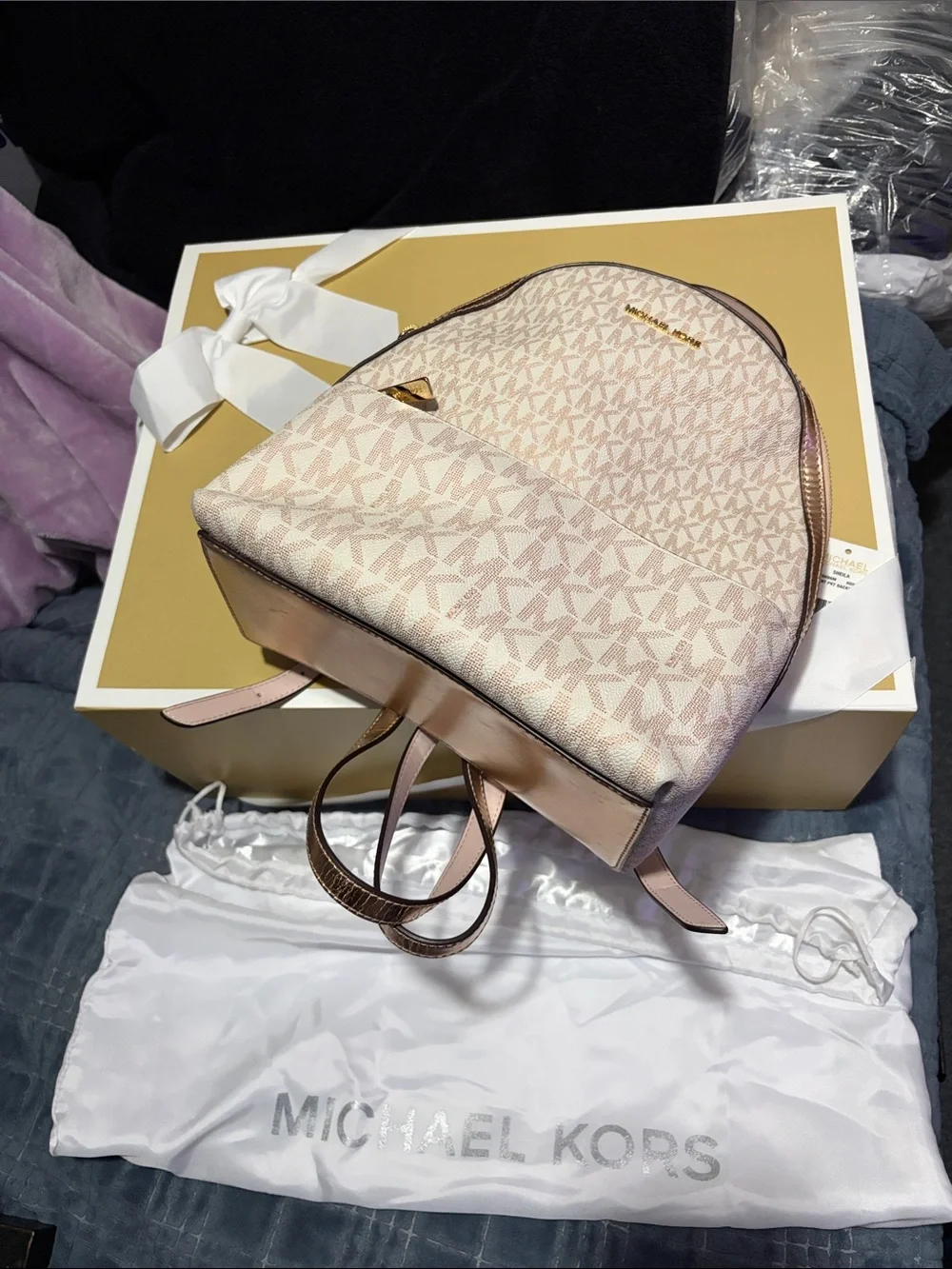 MICHAEL KORS Blush Logo Mini Backpack with Gold Hardware